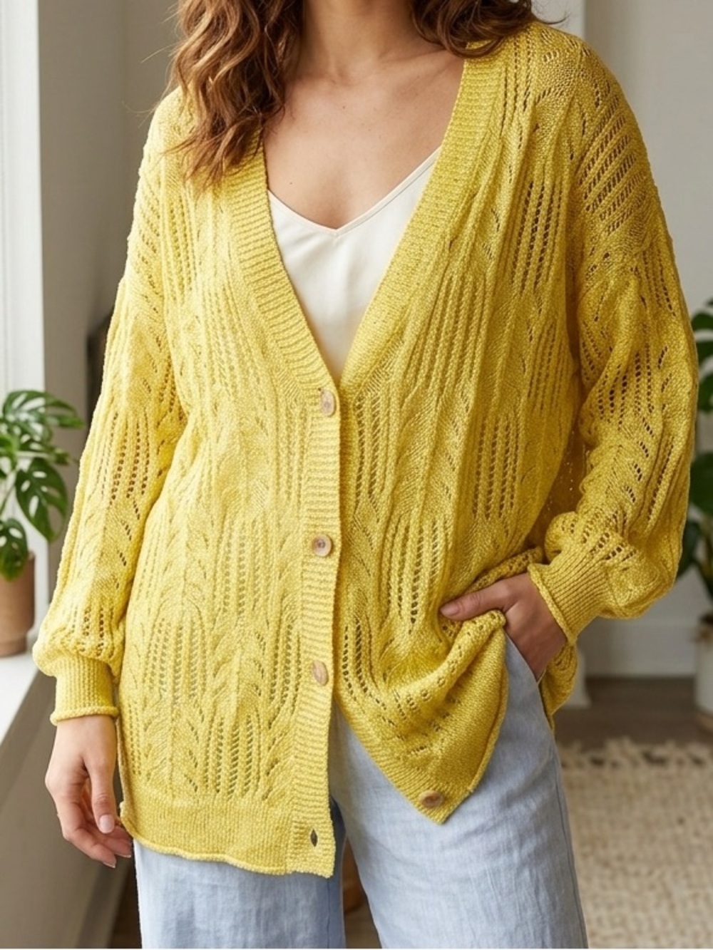 POL Open-Weave Yellow Button-Front Cardigan